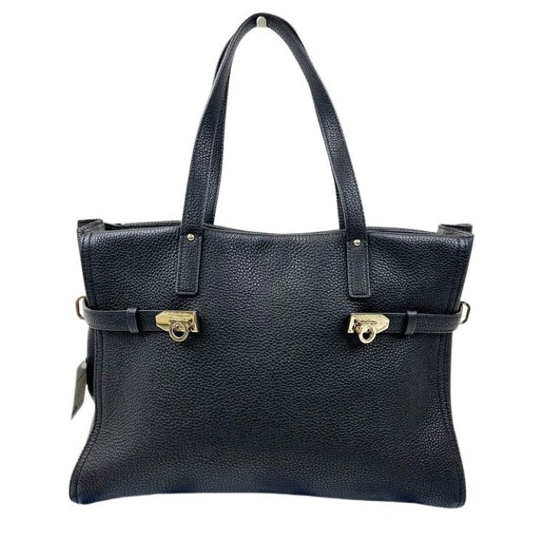 Salvatore Ferragamo フェラガモ ショルダーバッグ ガンチーニ 21 F074 ブラック系 カーフ レディース トートバッグ ハンドバッグ ゴールド金具 美品
