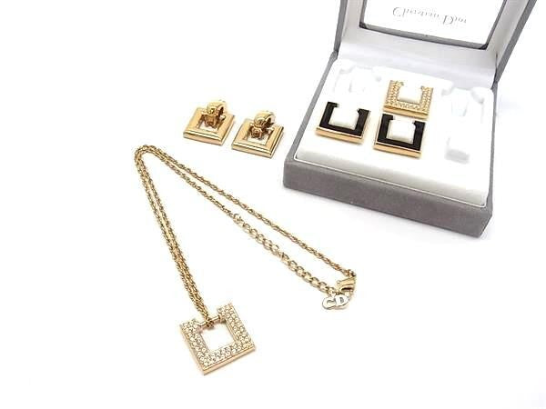 Christian Dior ディオール ペンダント チェンジトップ ネックレス イヤリング セット ゴールド系 メタル ラインストーン レディース スクエア 美品
