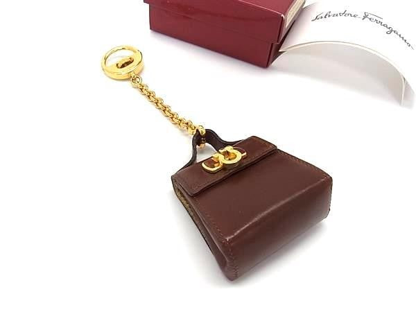 Salvatore Ferragamo フェラガモ キーホルダー ガンチーニ バッグモチーフ 22 5641 ブラウン系 カーフレザー レディース ゴールド金具 バッグチャーム 美品