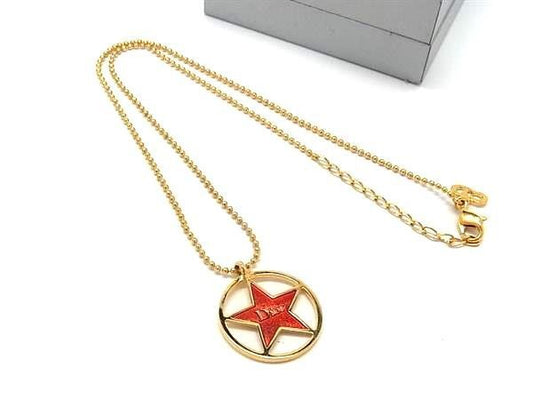 Christian Dior ディオール ネックレス スター ペンダント ゴールド レッド系 メタル レディース ロゴ 超美品