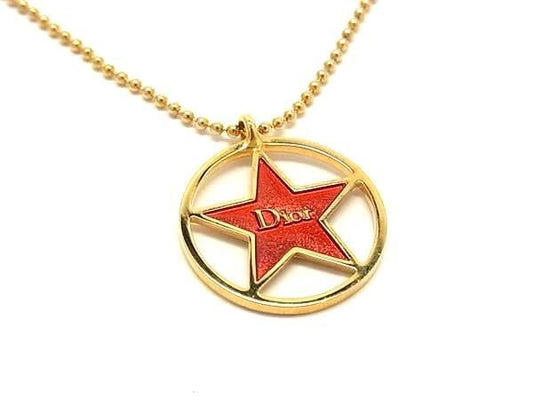 Christian Dior ディオール ネックレス スター ペンダント ゴールド レッド系 メタル レディース ロゴ 超美品