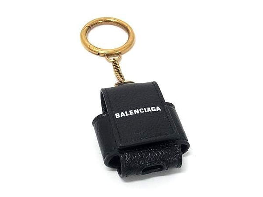 BALENCIAGA バレンシアガ イヤホンケース キャッシュ AirPods ホルダー 659926 ブラック系 レザー ユニセックス ゴールド金具 エアポッズケース 美品