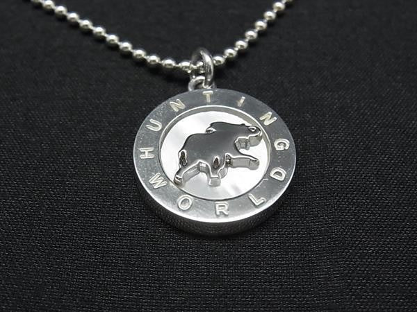 HUNTING WORLD ハンティングワールド ネックレス ロゴ＆エレファントモチーフ シルバー系 SV925 ホワイトシェル ユニセックス 美品