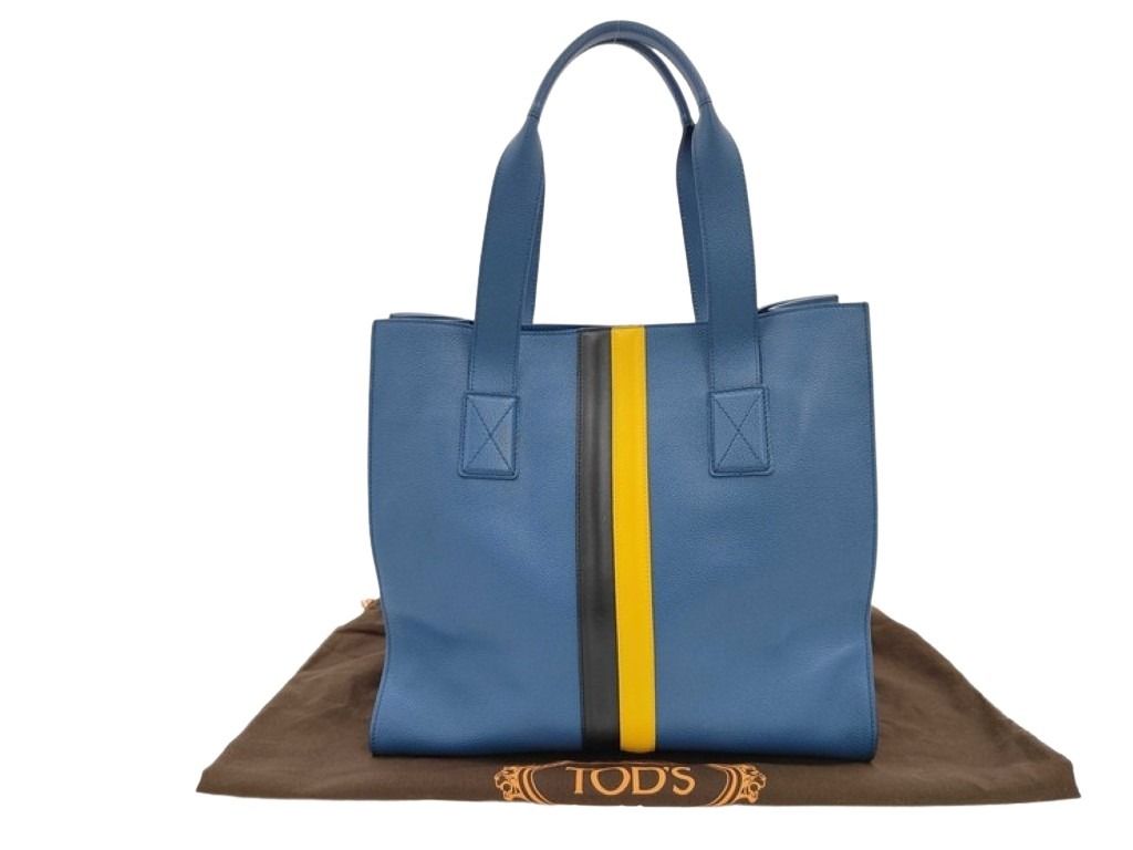 TODS トッズ トートバッグ ダブルストライプ ブルー系 レザー レディース 美品
