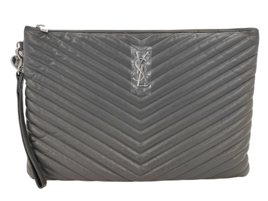 SAINT LAURENT サンローラン クラッチバッグ モノグラム ドキュメント ホルダー 440222 グレー系 レザー ユニセックス Vステッチ YSL シルバー金具 美品