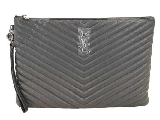 SAINT LAURENT サンローラン クラッチバッグ モノグラム ドキュメント ホルダー 440222 グレー系 レザー ユニセックス Vステッチ YSL シルバー金具 美品