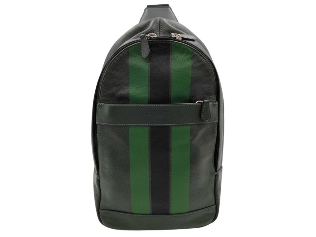 COACH コーチ ボディバッグ チャールズ ヴァーシティ F72226 ブラック グリーン系 レザー メンズ ショルダーバッグ シルバー金具 美品