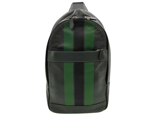 COACH コーチ ボディバッグ チャールズ ヴァーシティ F72226 ブラック グリーン系 レザー メンズ ショルダーバッグ シルバー金具 美品