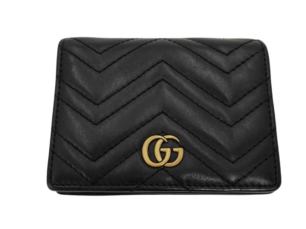 GUCCI グッチ 二つ折り財布 GGマーモント 466492 ブラック系 レザー ユニセックス ゴールド金具 美品