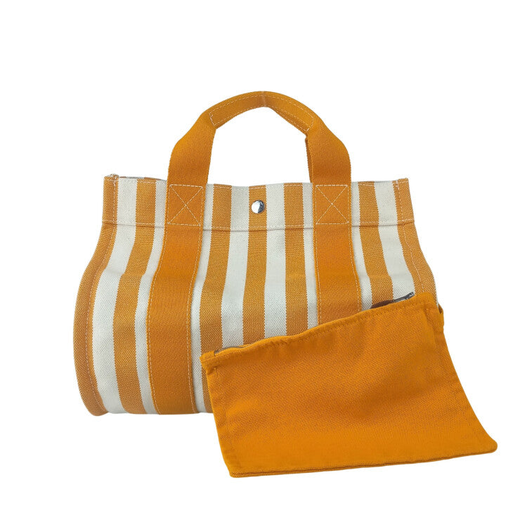 HERMES エルメス ハンドバッグ カンヌPM オレンジ系 ナチュラル キャンバス レディース ストライプ トートバッグ シルバー金具 美品