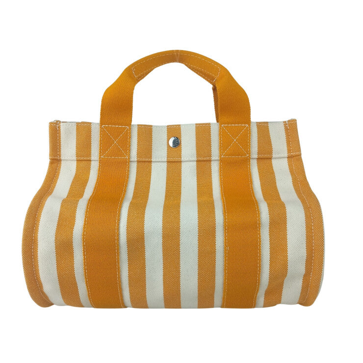 HERMES エルメス ハンドバッグ カンヌPM オレンジ系 ナチュラル キャンバス レディース ストライプ トートバッグ シルバー金具 美品