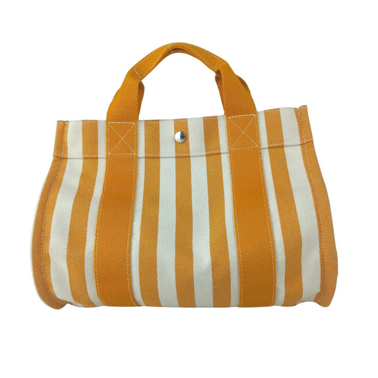 HERMES エルメス ハンドバッグ カンヌPM オレンジ系 ナチュラル キャンバス レディース ストライプ トートバッグ シルバー金具 美品