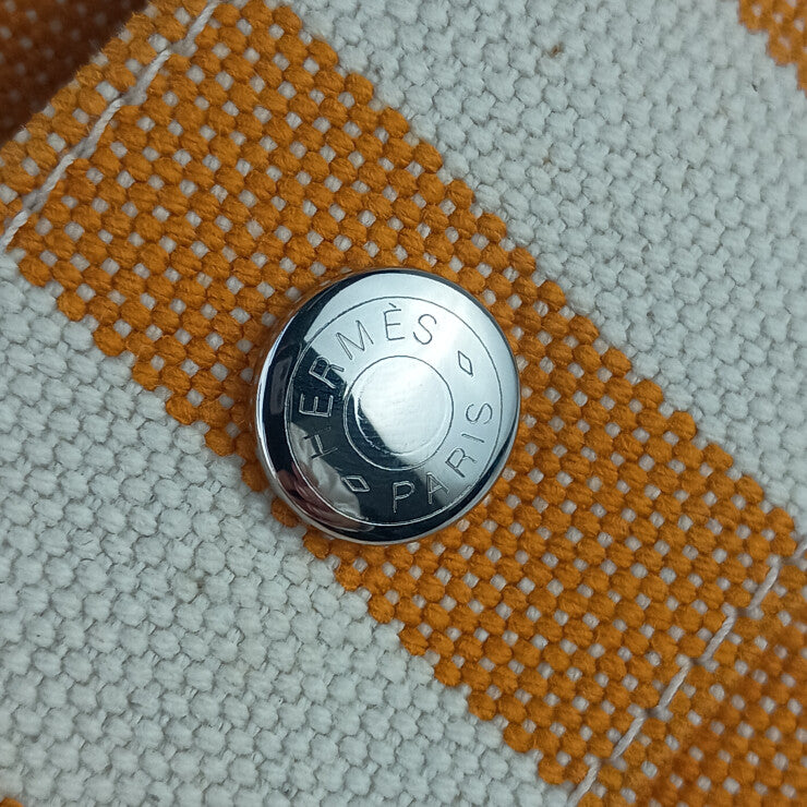 HERMES エルメス ハンドバッグ カンヌPM オレンジ系 ナチュラル キャンバス レディース ストライプ トートバッグ シルバー金具 美品