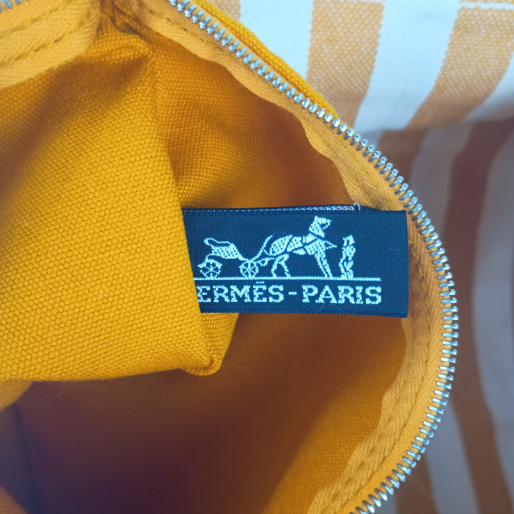 HERMES エルメス ハンドバッグ カンヌPM オレンジ系 ナチュラル キャンバス レディース ストライプ トートバッグ シルバー金具 美品