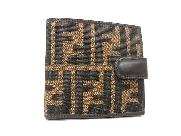 FENDI フェンディ 財布 ズッカ 0715814/0012 ブラウン ブラック キャンバス レザー ユニセックス 二つ折り 財布 美品
