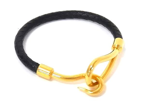 HERMES エルメス ブレスレット ジャンボ ブラック レザー ユニセックス 編み込み ゴールド金具 美品