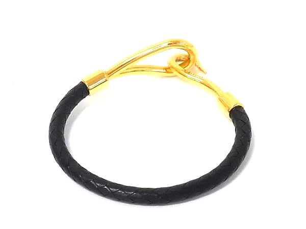 HERMES エルメス ブレスレット ジャンボ ブラック レザー ユニセックス 編み込み ゴールド金具 美品