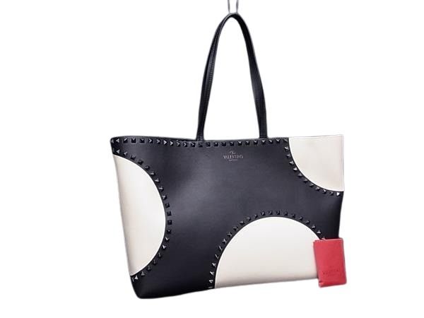 VALENTINO GARAVANI ヴァレンティノ ガラヴァーニ トートバッグ ロックスタッズ ブラック アイボリー レザー レディース 美品