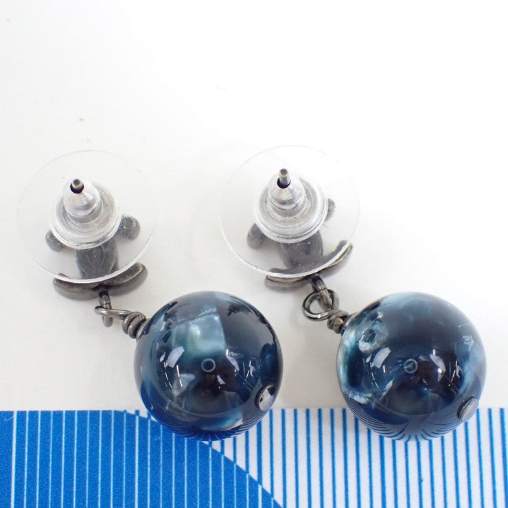 CHANEL シャネル ピアス ココマーク ボールピアス ネイビー系 シルバー系 レジン メタル レディース マーブル模様 美品