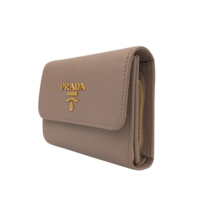 PRADA プラダ 三つ折り財布 1MH025 ベージュ系 サフィアーノレザー レディース ゴールド金具 美品