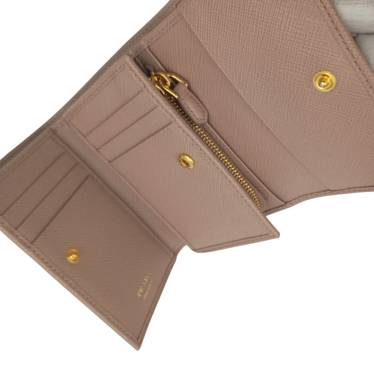 PRADA プラダ 三つ折り財布 1MH025 ベージュ系 サフィアーノレザー レディース ゴールド金具 美品
