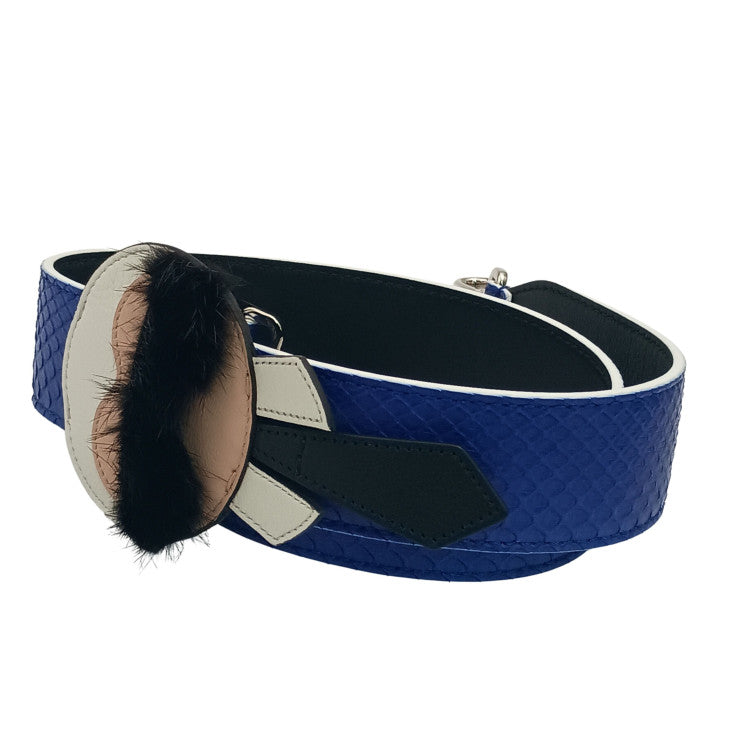 FENDI フェンディ ショルダーストラップ STRAP YOU KARLITO ストラップ ユー カーリト カールラガーフェルド ブルー ブラック ホワイト系 パイソン レザー ファー ユニセックス シルバー金具 美品