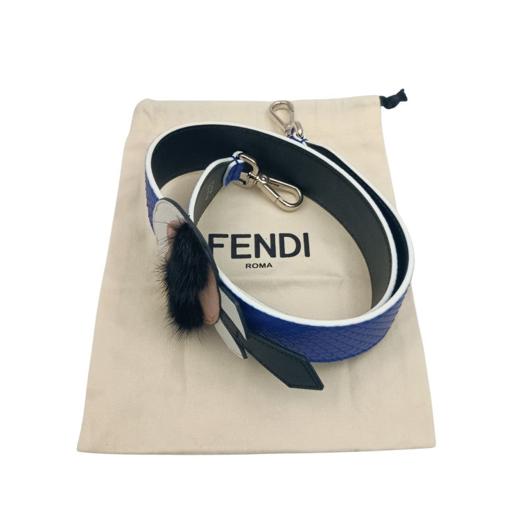 FENDI フェンディ ショルダーストラップ STRAP YOU KARLITO ストラップ ユー カーリト カールラガーフェルド ブルー ブラック ホワイト系 パイソン レザー ファー ユニセックス シルバー金具 美品