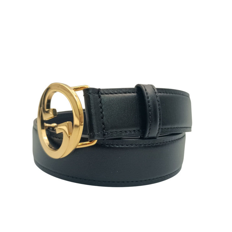 GUCCI グッチ ベルト インターロッキングG 690557 ブラック系 カーフレザー ユニセックス ゴールド金具 超美品