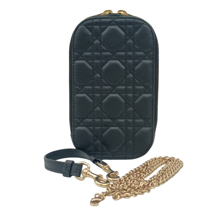 Christian Dior ディオール ショルダーバッグ Lady Dior フォンホルダー S08720NMJ-900U ブラック系 レザー レディース カナージュ ゴールド金具 スマホショルダー ポシェット 美品