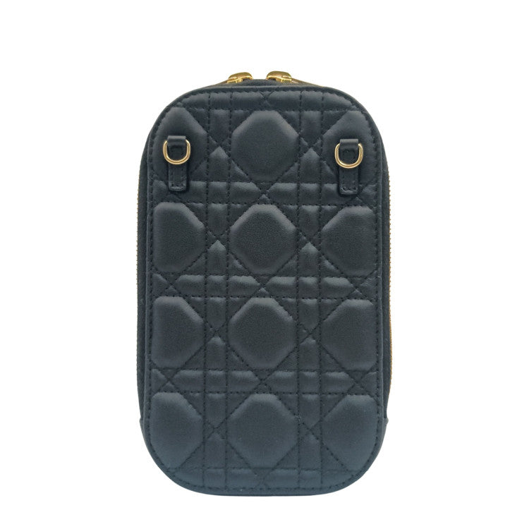 Christian Dior ディオール ショルダーバッグ Lady Dior フォンホルダー S08720NMJ-900U ブラック系 レザー レディース カナージュ ゴールド金具 スマホショルダー ポシェット 美品