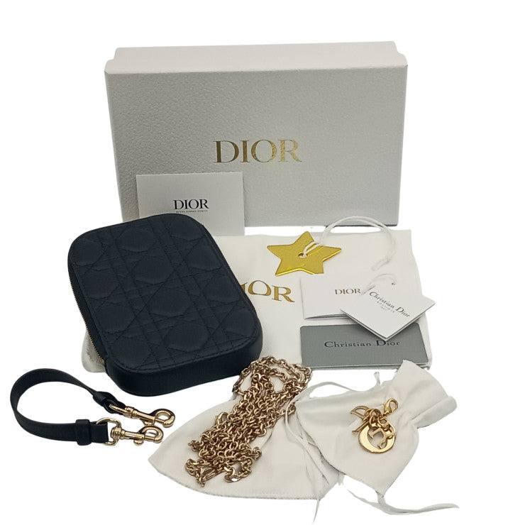 Christian Dior ディオール ショルダーバッグ Lady Dior フォンホルダー S08720NMJ-900U ブラック系 レザー レディース カナージュ ゴールド金具 スマホショルダー ポシェット 美品