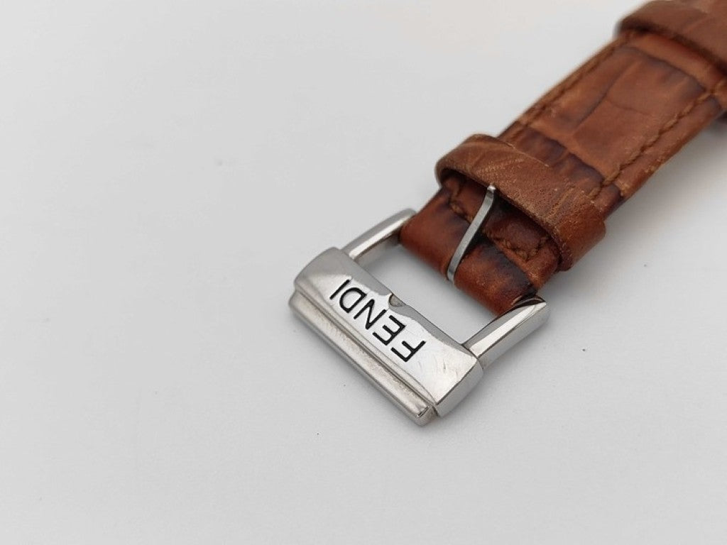 FENDI フェンディ 時計 Olologi オロロジ 210G ピンク文字盤 シルバー ブラウン系 ステンレス レザー メンズ 美品