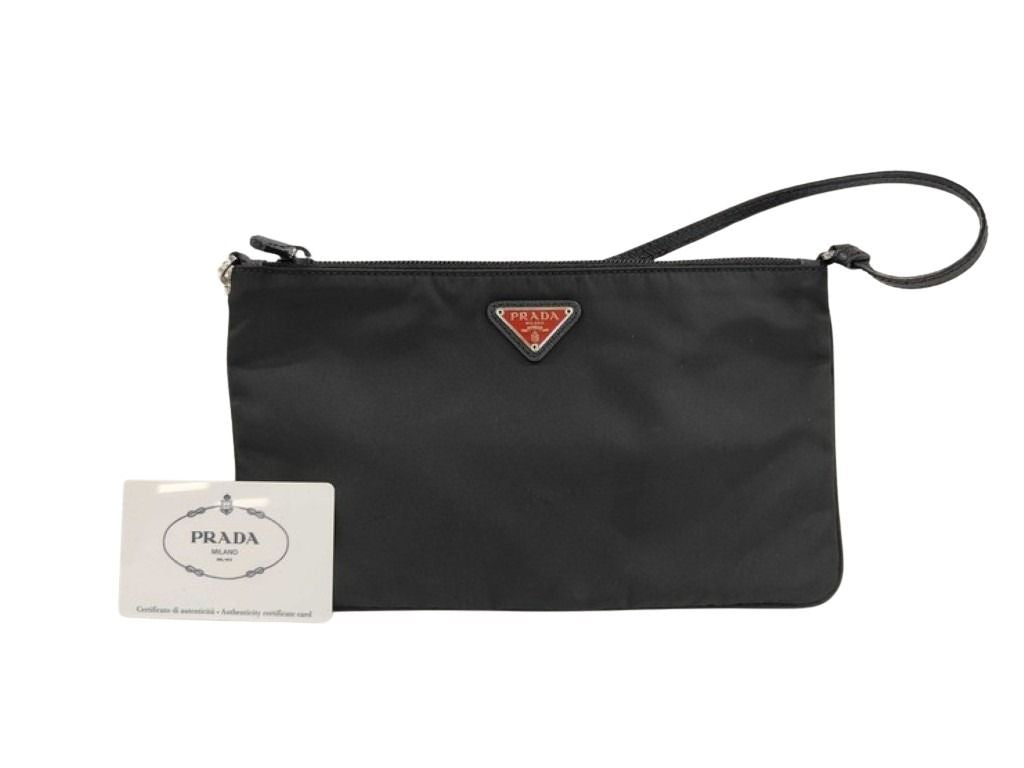 PRADA プラダ クラッチバッグ トライアングルロゴ 1NI545 ブラック系 ナイロン レディース 白タグ シルバー金具 美品