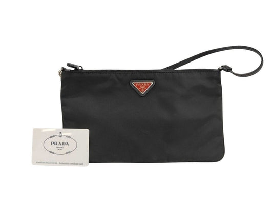 PRADA プラダ クラッチバッグ トライアングルロゴ 1NI545 ブラック系 ナイロン レディース 白タグ シルバー金具 美品