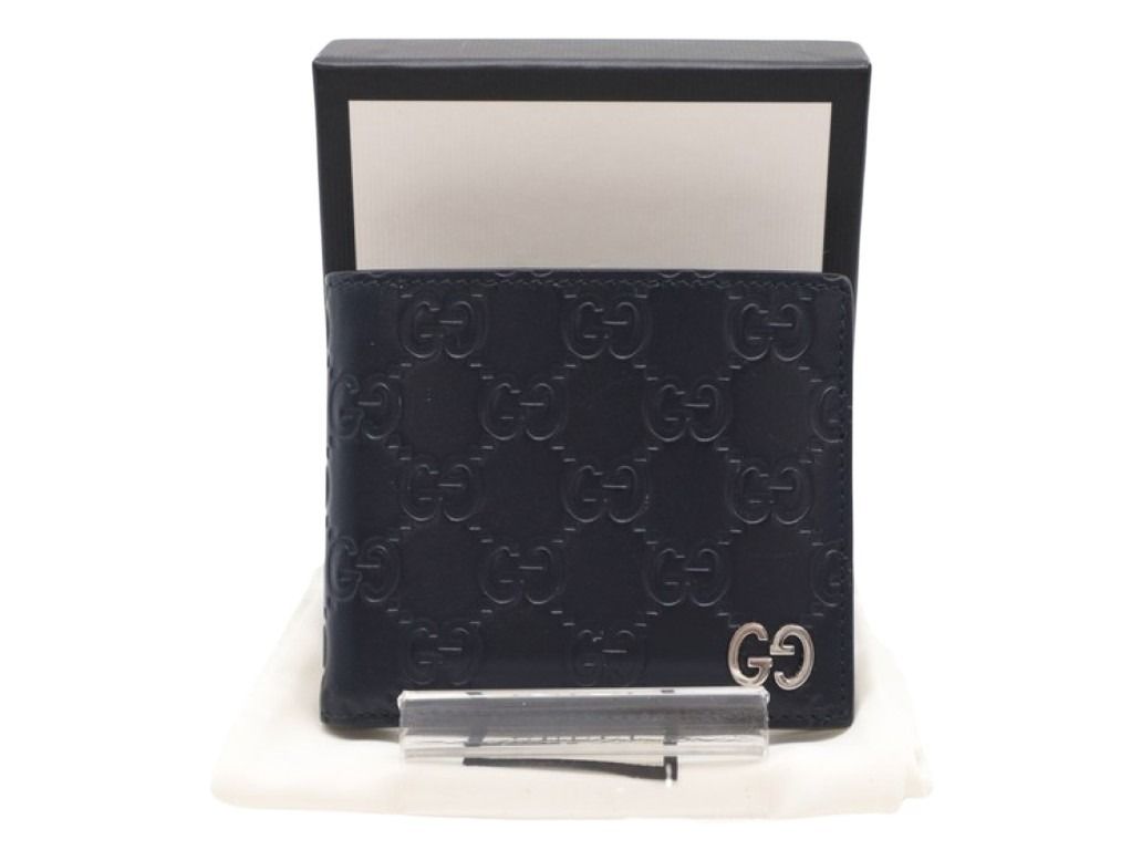 GUCCI グッチ 二つ折り財布 グッチシマ 473916 ネイビー系 レザー メンズ シルバー金具 美品