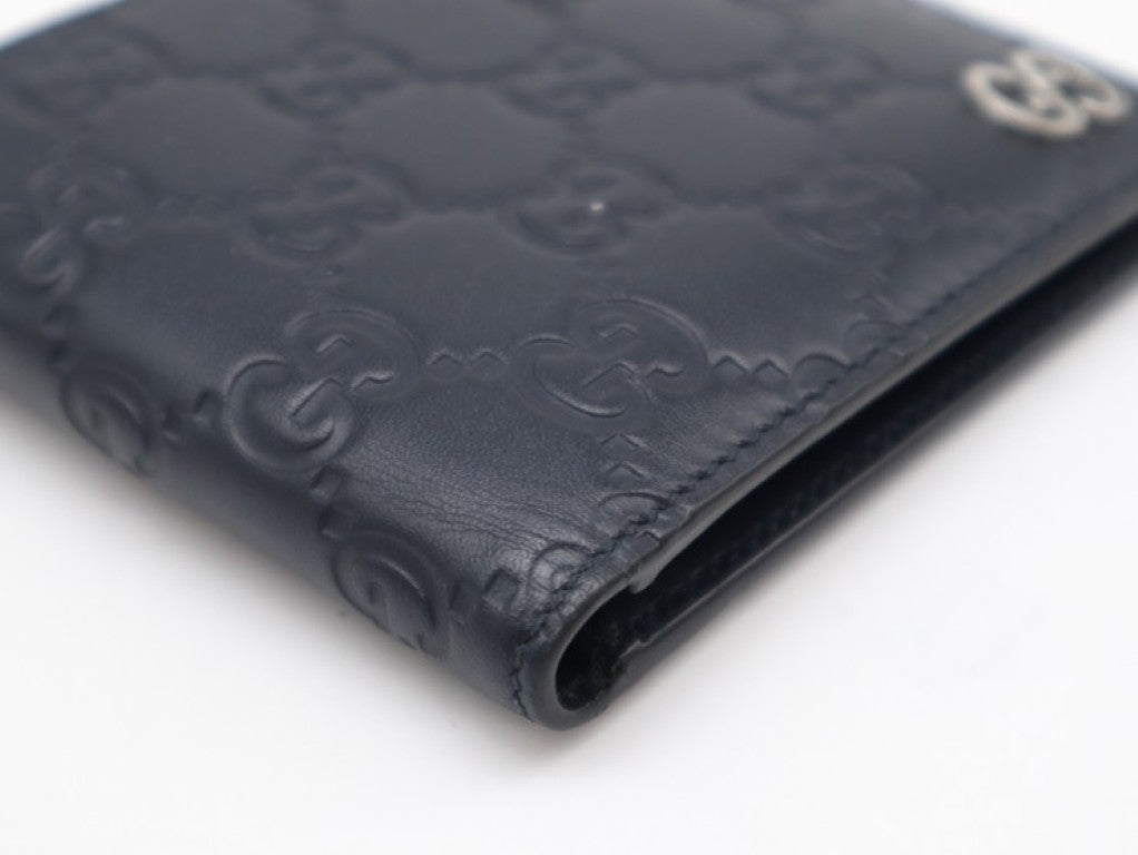 GUCCI グッチ 二つ折り財布 グッチシマ 473916 ネイビー系 レザー メンズ シルバー金具 美品