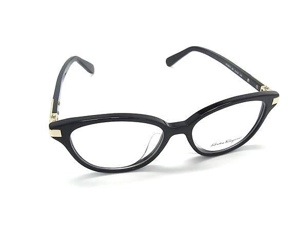 SALVATORE FERRAGAMO フェラガモ 眼鏡 メガネフレーム SF2807A ブラック系×レンズ クリア プラスチック レディース ゴールド金具 伊達メガネ 美品