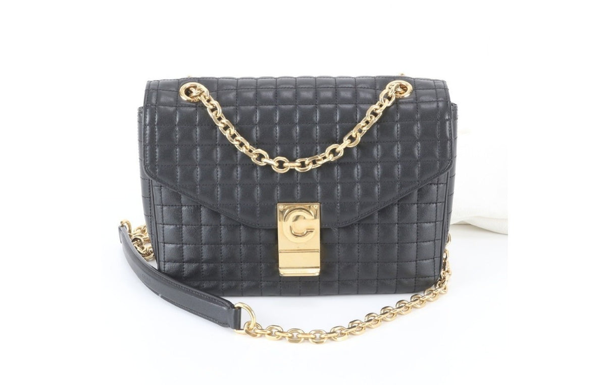 CELINE セリーヌ ショルダーバッグ C ミディアム ブラック系 レザー レディース キルティング チェーン ゴールド金具 美品