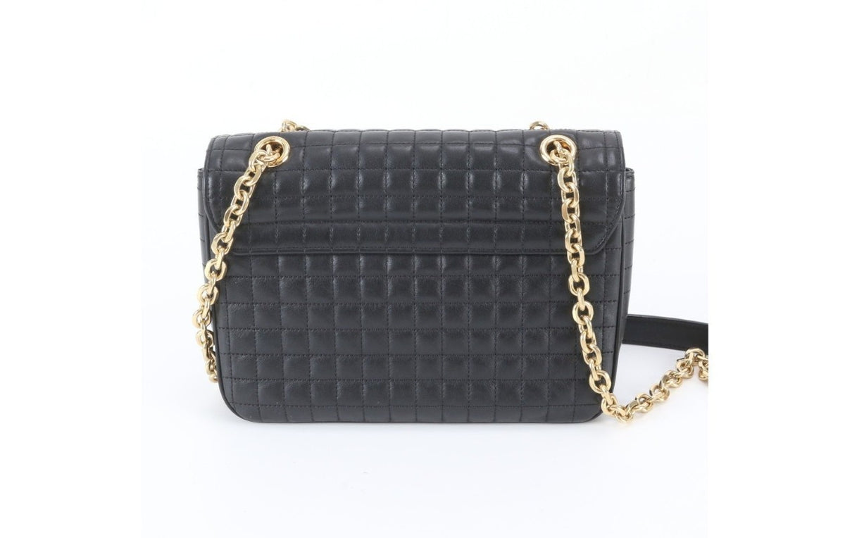 CELINE セリーヌ ショルダーバッグ C ミディアム ブラック系 レザー レディース キルティング チェーン ゴールド金具 美品