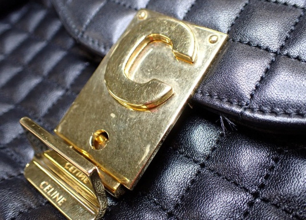CELINE セリーヌ ショルダーバッグ C ミディアム ブラック系 レザー レディース キルティング チェーン ゴールド金具 美品