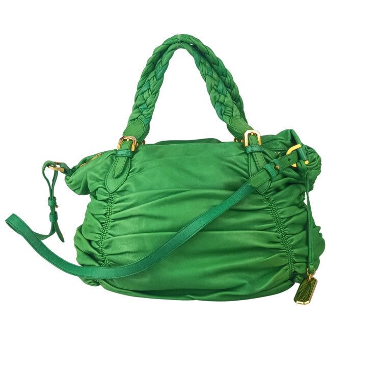 BALLY バリー ハンドバッグ 2WAYバッグ グリーン系 ラムレザー レディース ギャザー ショルダーバッグ ゴールド金具 美品