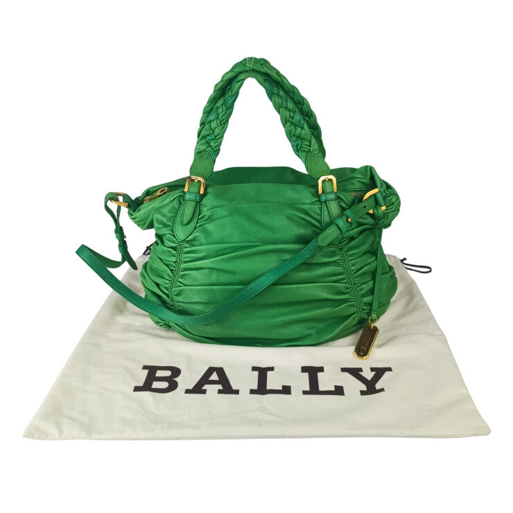 BALLY バリー ハンドバッグ 2WAYバッグ グリーン系 ラムレザー レディース ギャザー ショルダーバッグ ゴールド金具 美品