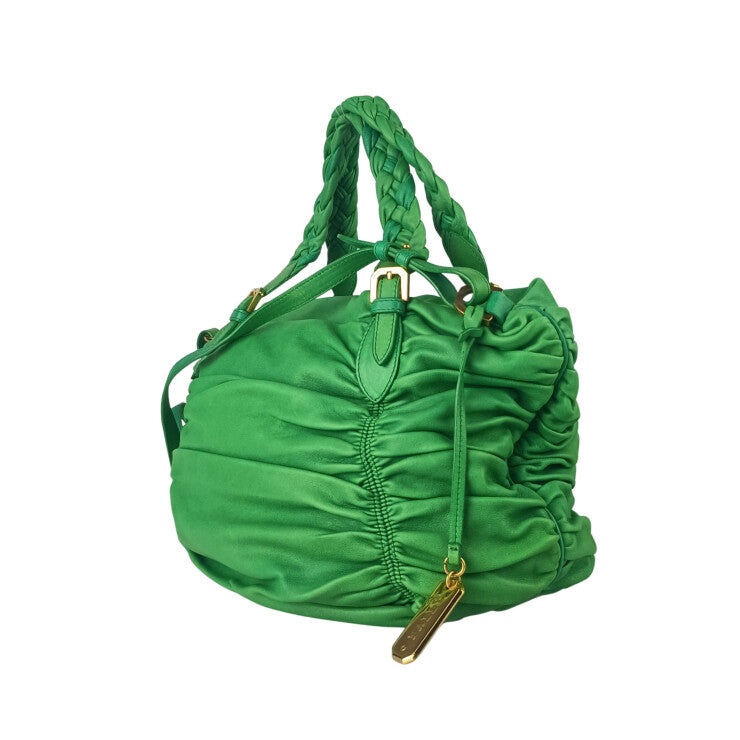 BALLY バリー ハンドバッグ 2WAYバッグ グリーン系 ラムレザー レディース ギャザー ショルダーバッグ ゴールド金具 美品