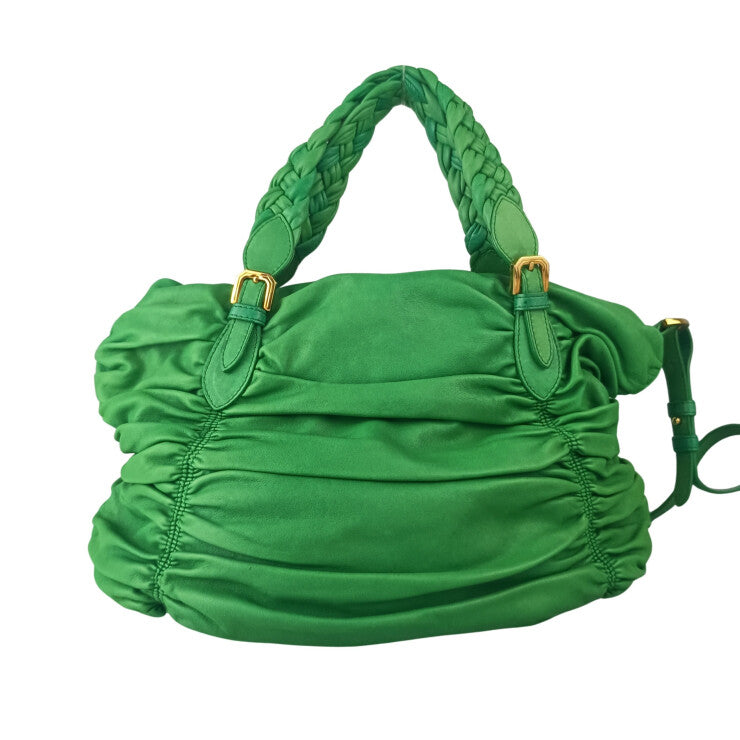 BALLY バリー ハンドバッグ 2WAYバッグ グリーン系 ラムレザー レディース ギャザー ショルダーバッグ ゴールド金具 美品