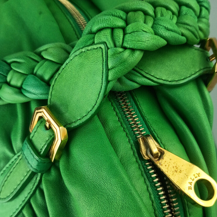 BALLY バリー ハンドバッグ 2WAYバッグ グリーン系 ラムレザー レディース ギャザー ショルダーバッグ ゴールド金具 美品