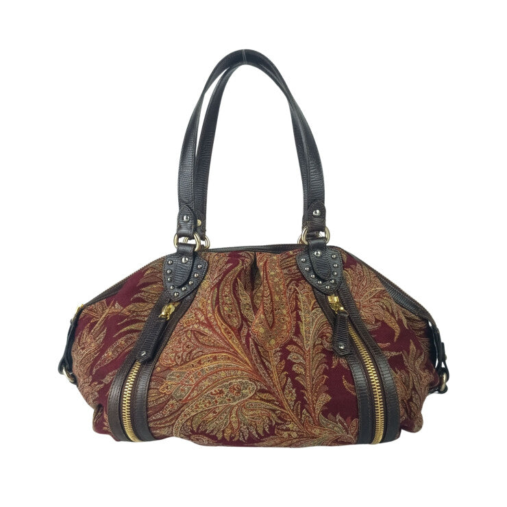 ETRO エトロ ハンドバッグ ペイズリー ダブルファスナー 1C382 5980 ボルドー系 ジャカード × レザー レディース ゴールド金具 ミニボストン 美品