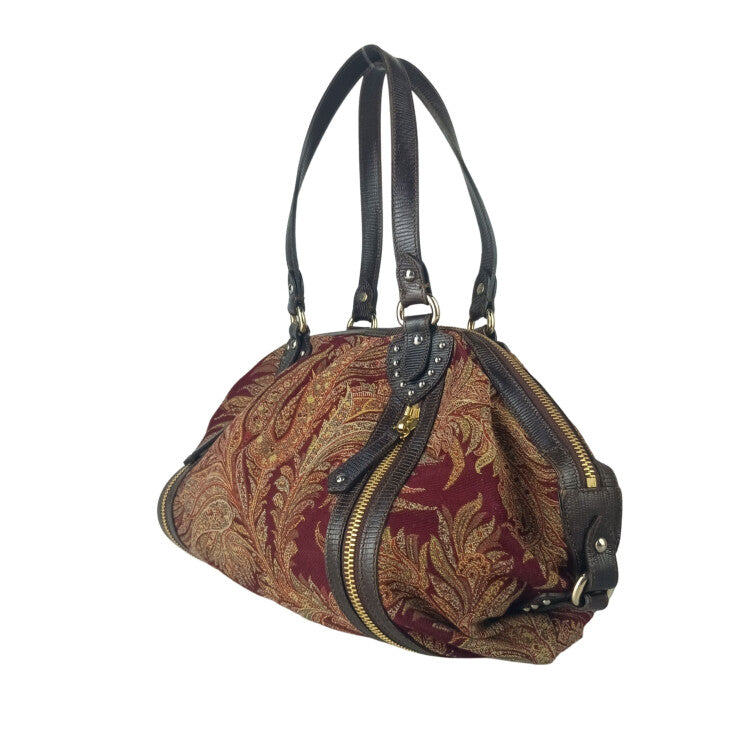 ETRO エトロ ハンドバッグ ペイズリー ダブルファスナー 1C382 5980 ボルドー系 ジャカード × レザー レディース ゴールド金具 ミニボストン 美品