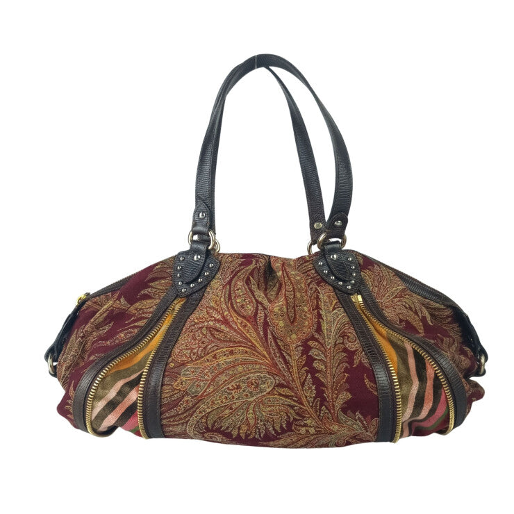 ETRO エトロ ハンドバッグ ペイズリー ダブルファスナー 1C382 5980 ボルドー系 ジャカード × レザー レディース ゴールド金具 ミニボストン 美品