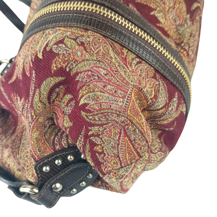 ETRO エトロ ハンドバッグ ペイズリー ダブルファスナー 1C382 5980 ボルドー系 ジャカード × レザー レディース ゴールド金具 ミニボストン 美品
