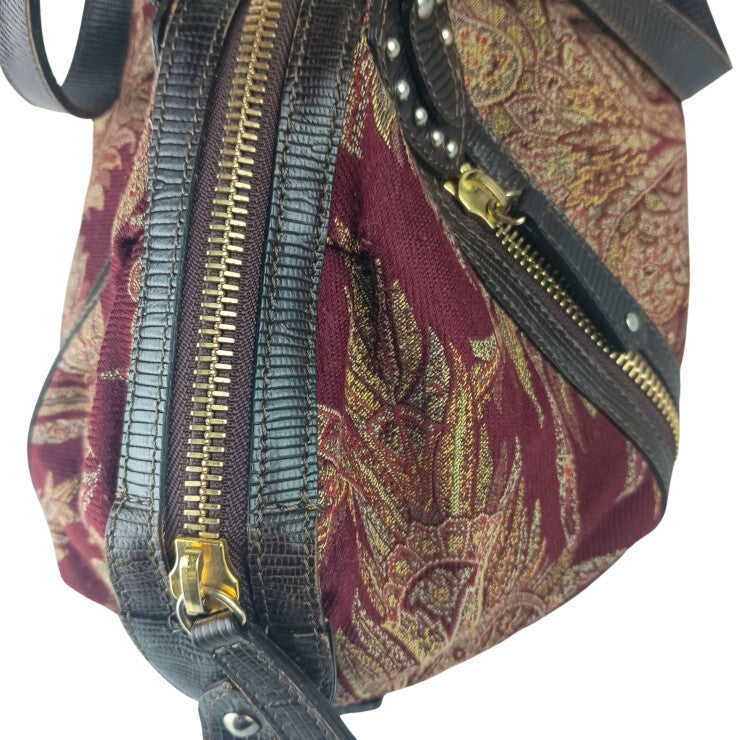 ETRO エトロ ハンドバッグ ペイズリー ダブルファスナー 1C382 5980 ボルドー系 ジャカード × レザー レディース ゴールド金具 ミニボストン 美品